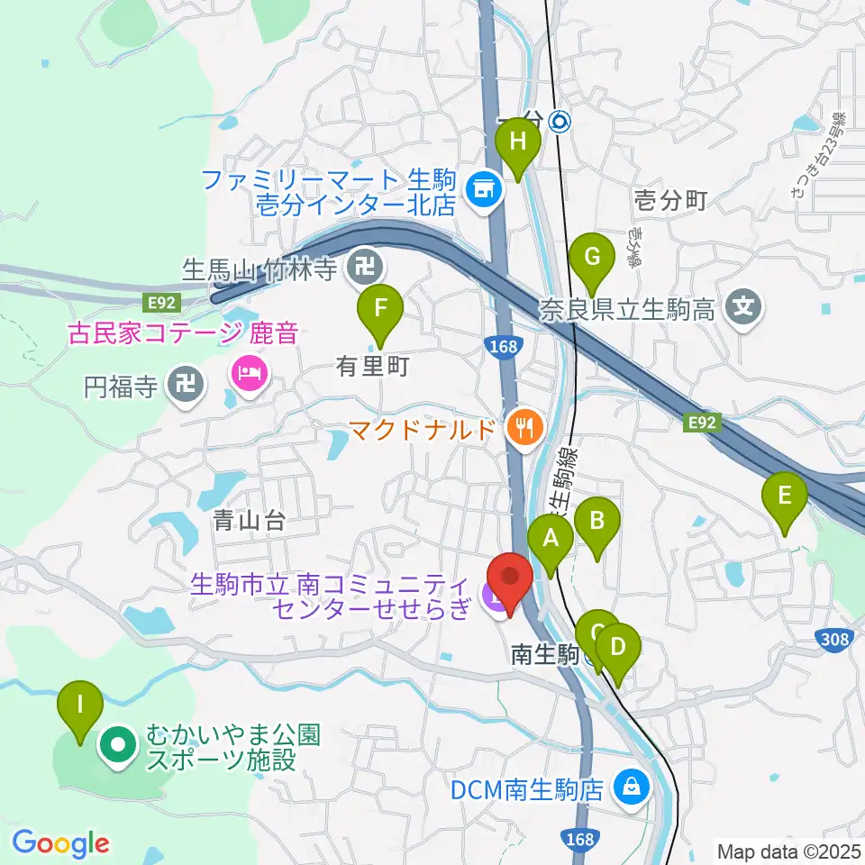 生駒市立南コミュニティセンターせせらぎ周辺の駐車場・コインパーキング一覧地図