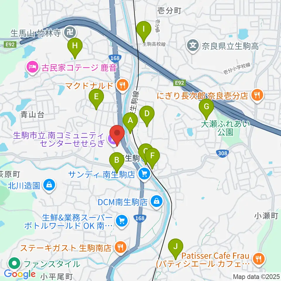 生駒市立南コミュニティセンターせせらぎ周辺の駐車場・コインパーキング一覧地図