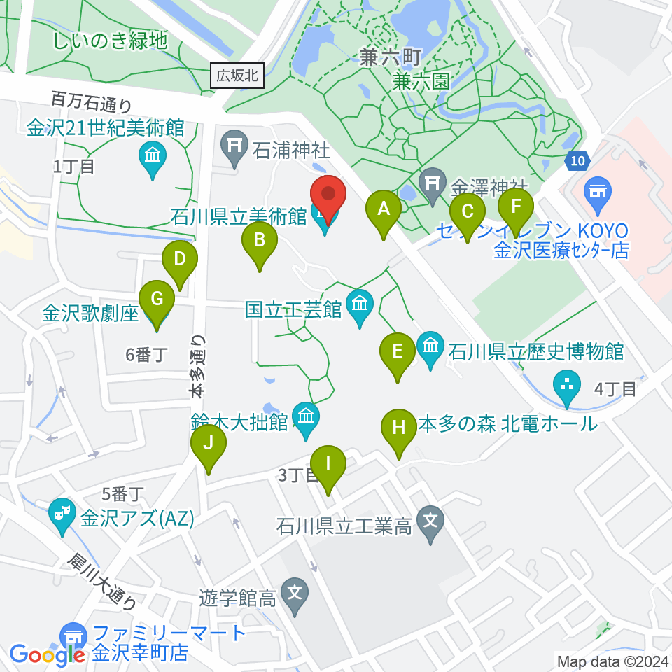 石川県立美術館周辺の駐車場・コインパーキング一覧地図
