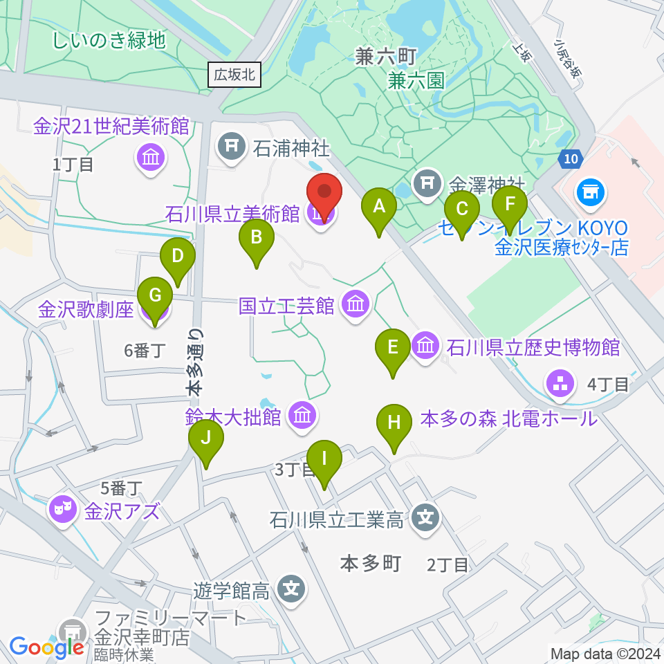 石川県立美術館周辺の駐車場・コインパーキング一覧地図