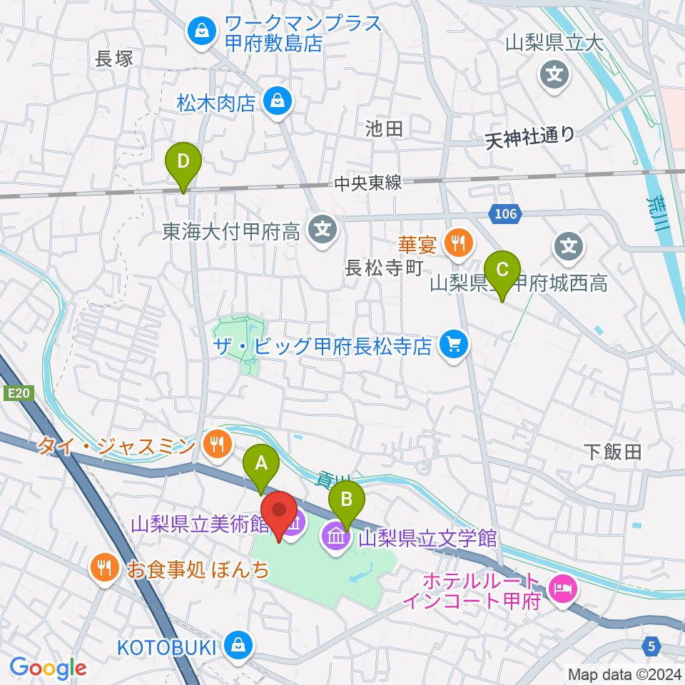 山梨県立美術館周辺の駐車場・コインパーキング一覧地図