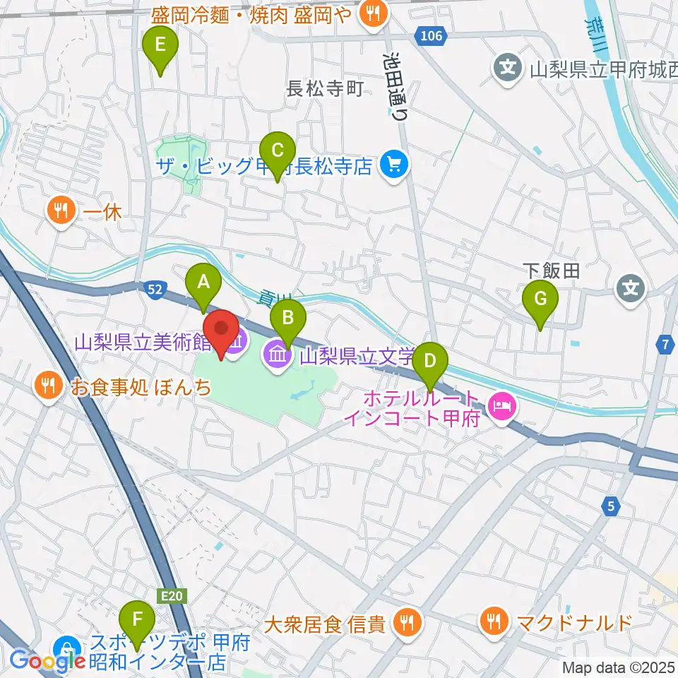 山梨県立美術館周辺の駐車場・コインパーキング一覧地図