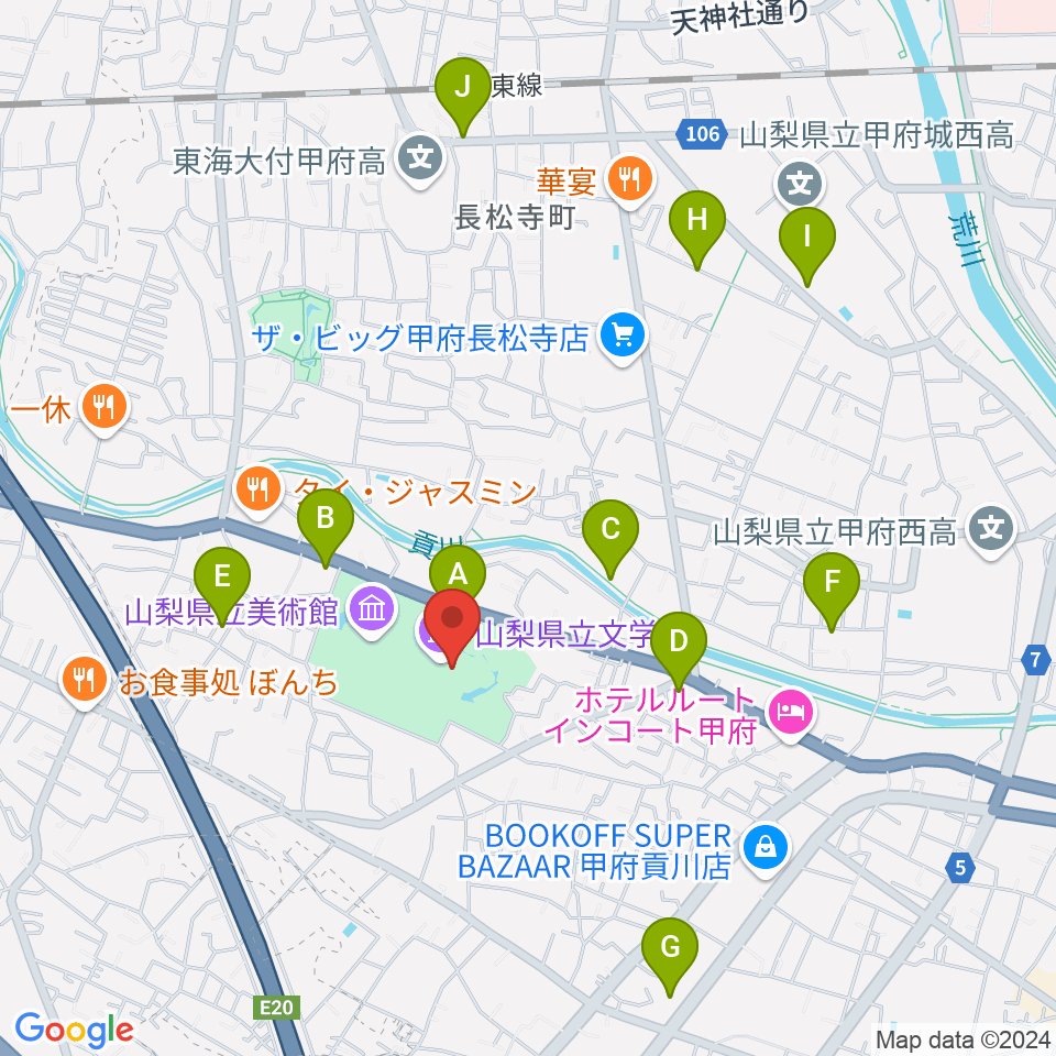 山梨県立文学館周辺の駐車場・コインパーキング一覧地図