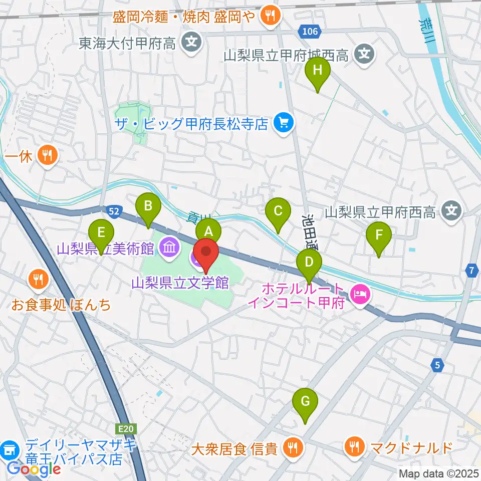 山梨県立文学館周辺の駐車場・コインパーキング一覧地図