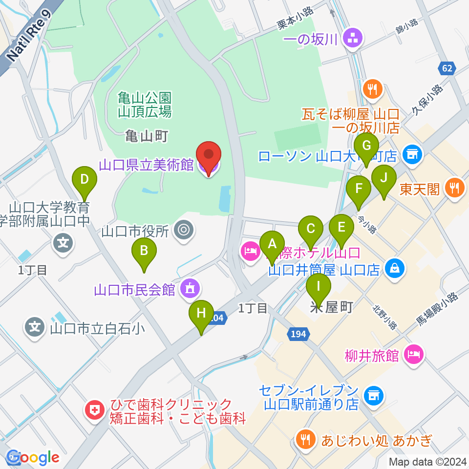 山口県立美術館周辺の駐車場・コインパーキング一覧地図