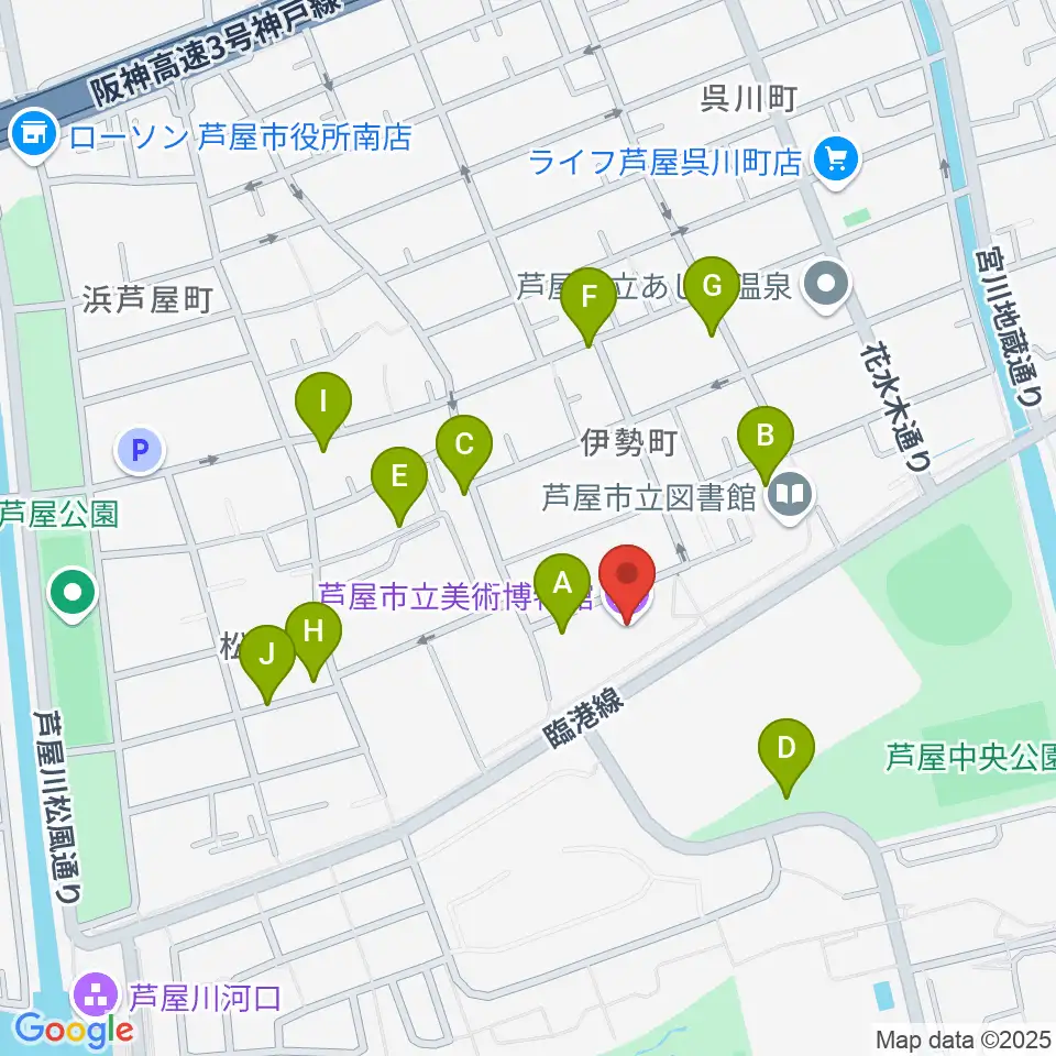 芦屋市立美術博物館周辺の駐車場・コインパーキング一覧地図
