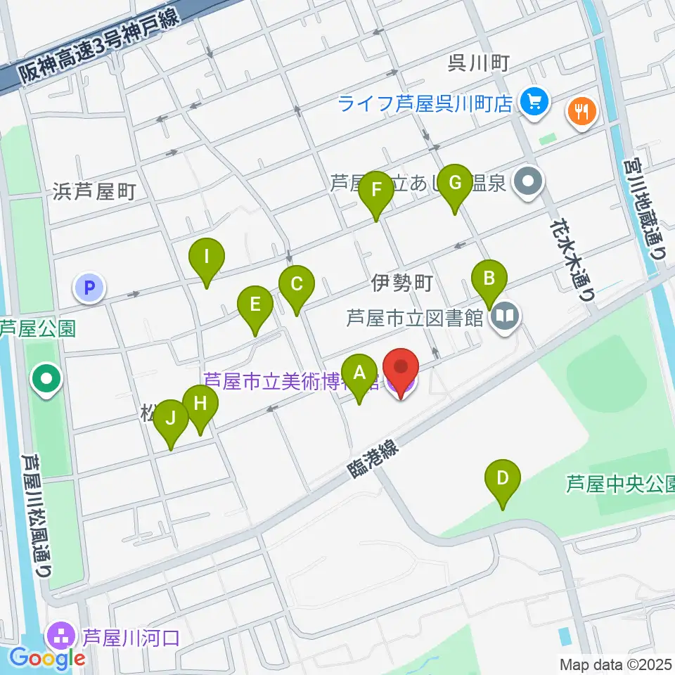 芦屋市立美術博物館周辺の駐車場・コインパーキング一覧地図