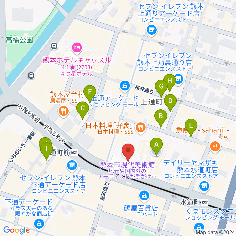 熊本市現代美術館（CAMK）周辺の駐車場・コインパーキング一覧地図