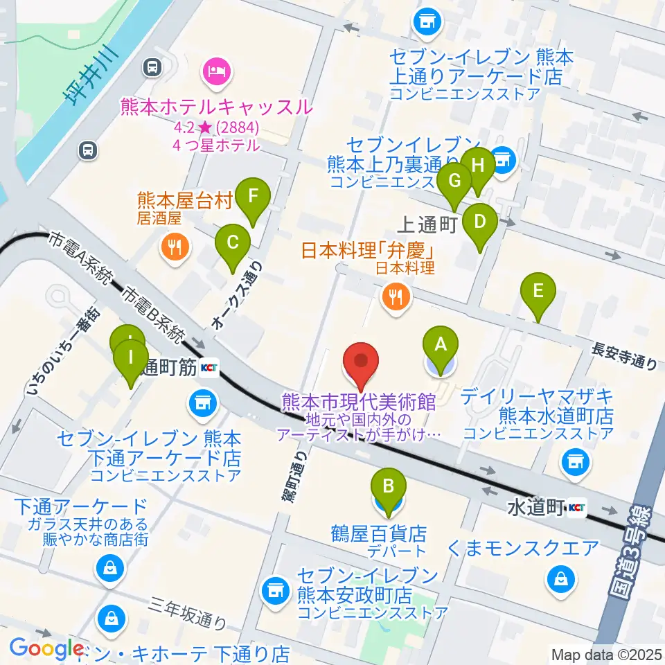 熊本市現代美術館（CAMK）周辺の駐車場・コインパーキング一覧地図