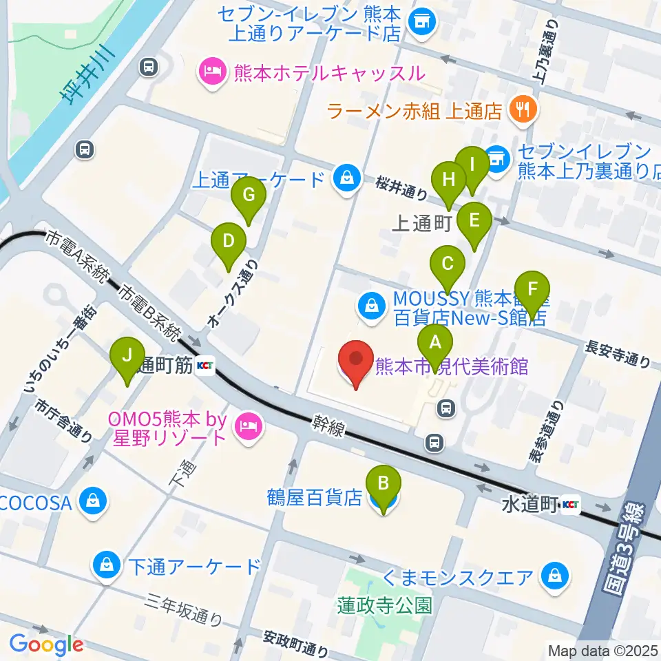 熊本市現代美術館（CAMK）周辺の駐車場・コインパーキング一覧地図