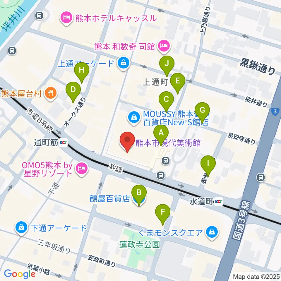 熊本市現代美術館（CAMK）周辺の駐車場・コインパーキング一覧地図