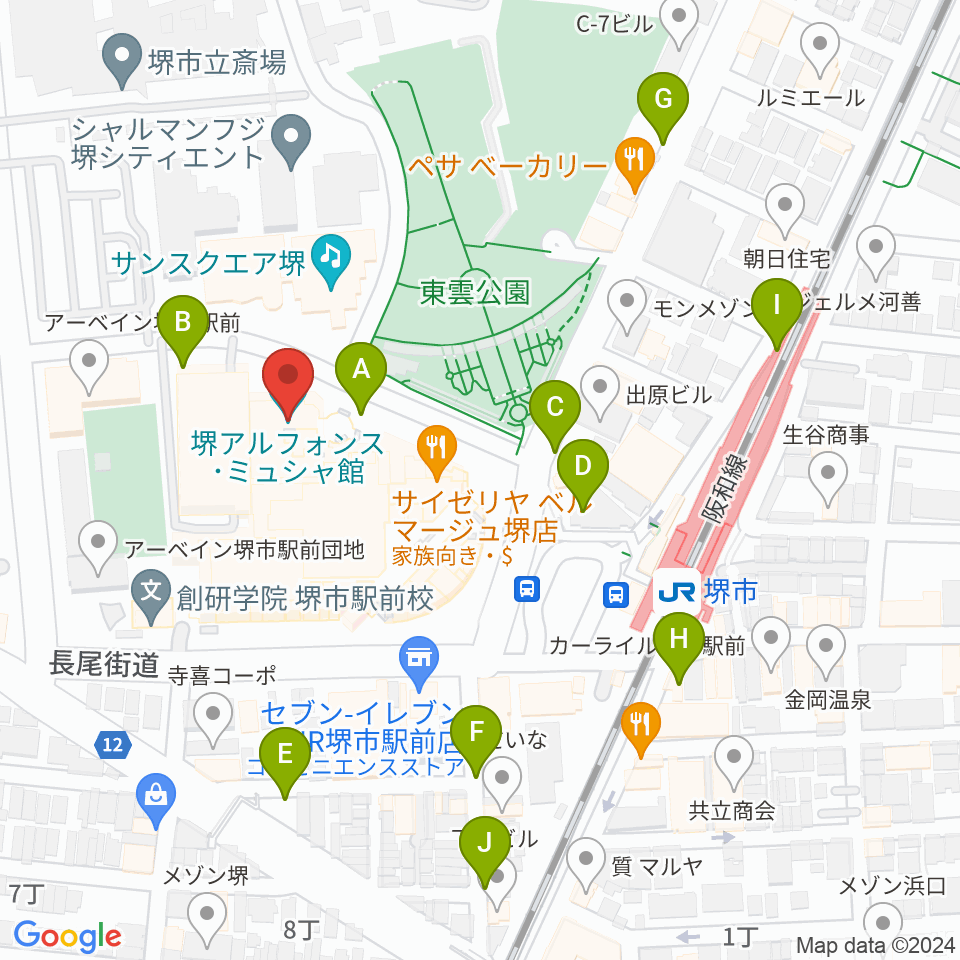 堺アルフォンス・ミュシャ館（堺市立文化館）周辺の駐車場・コインパーキング一覧地図