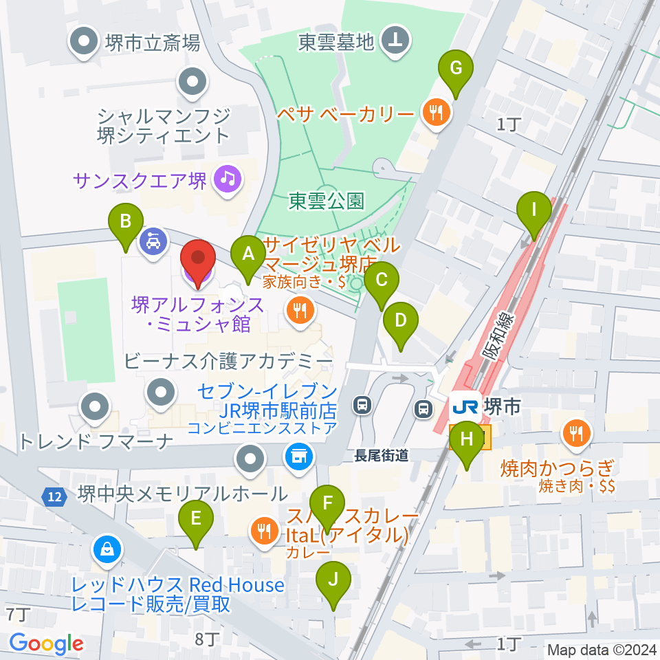 堺アルフォンス・ミュシャ館（堺市立文化館）周辺の駐車場・コインパーキング一覧地図