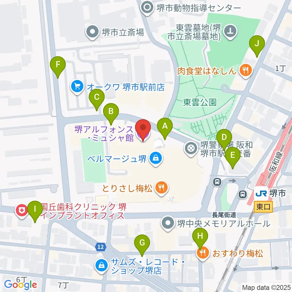 堺アルフォンス・ミュシャ館(堺市立文化館)周辺の駐車場・コインパーキング一覧地図
