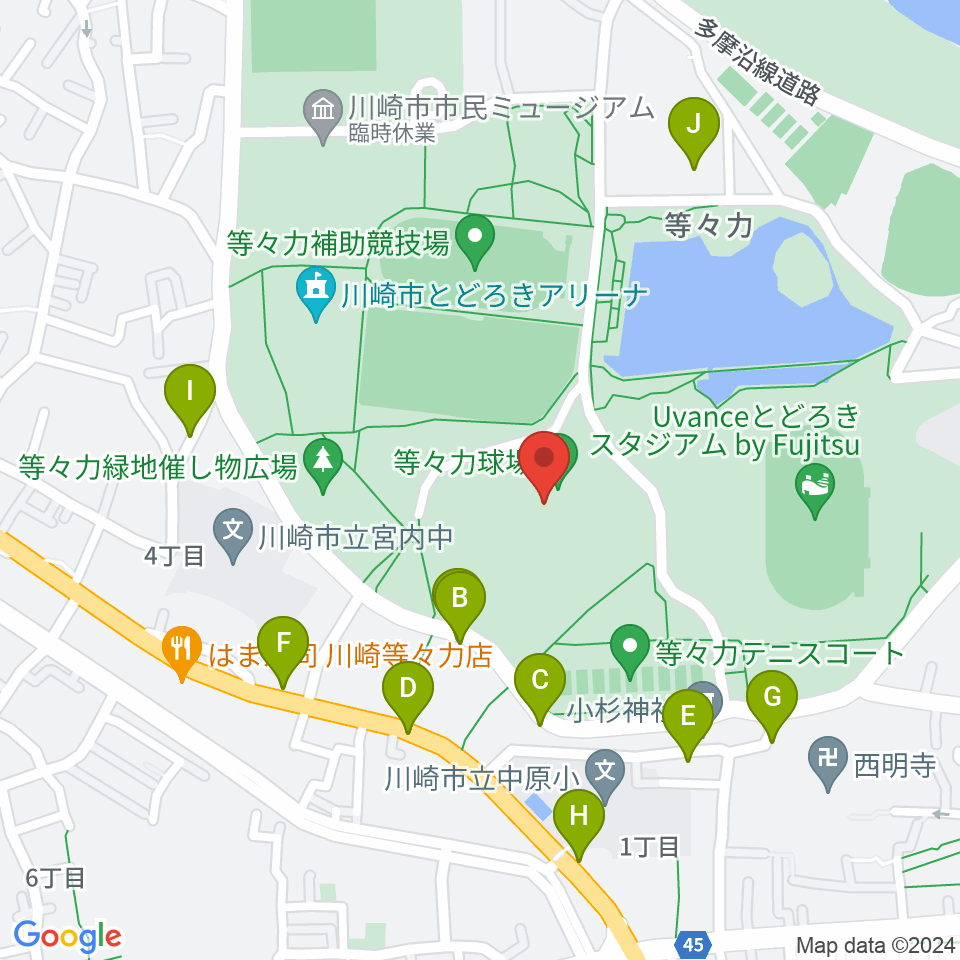 川崎市等々力球場周辺の駐車場・コインパーキング一覧地図