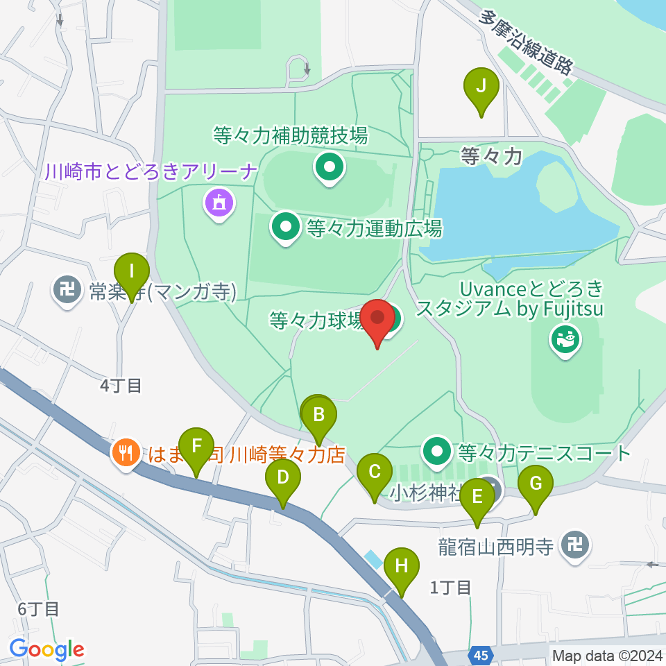 川崎市等々力球場周辺の駐車場・コインパーキング一覧地図