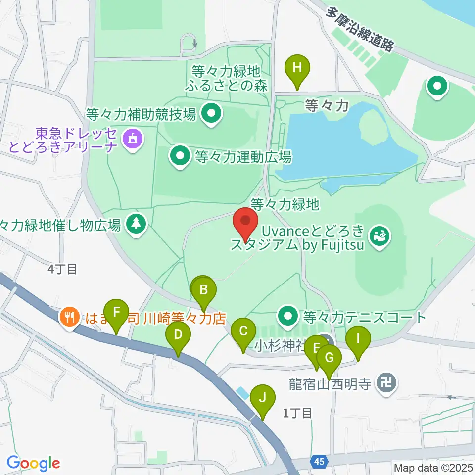 川崎市等々力球場周辺の駐車場・コインパーキング一覧地図