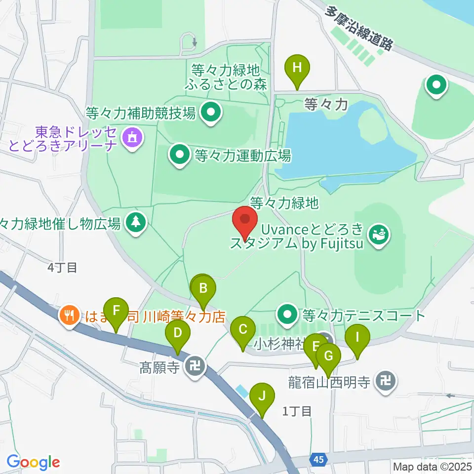 川崎市等々力球場周辺の駐車場・コインパーキング一覧地図