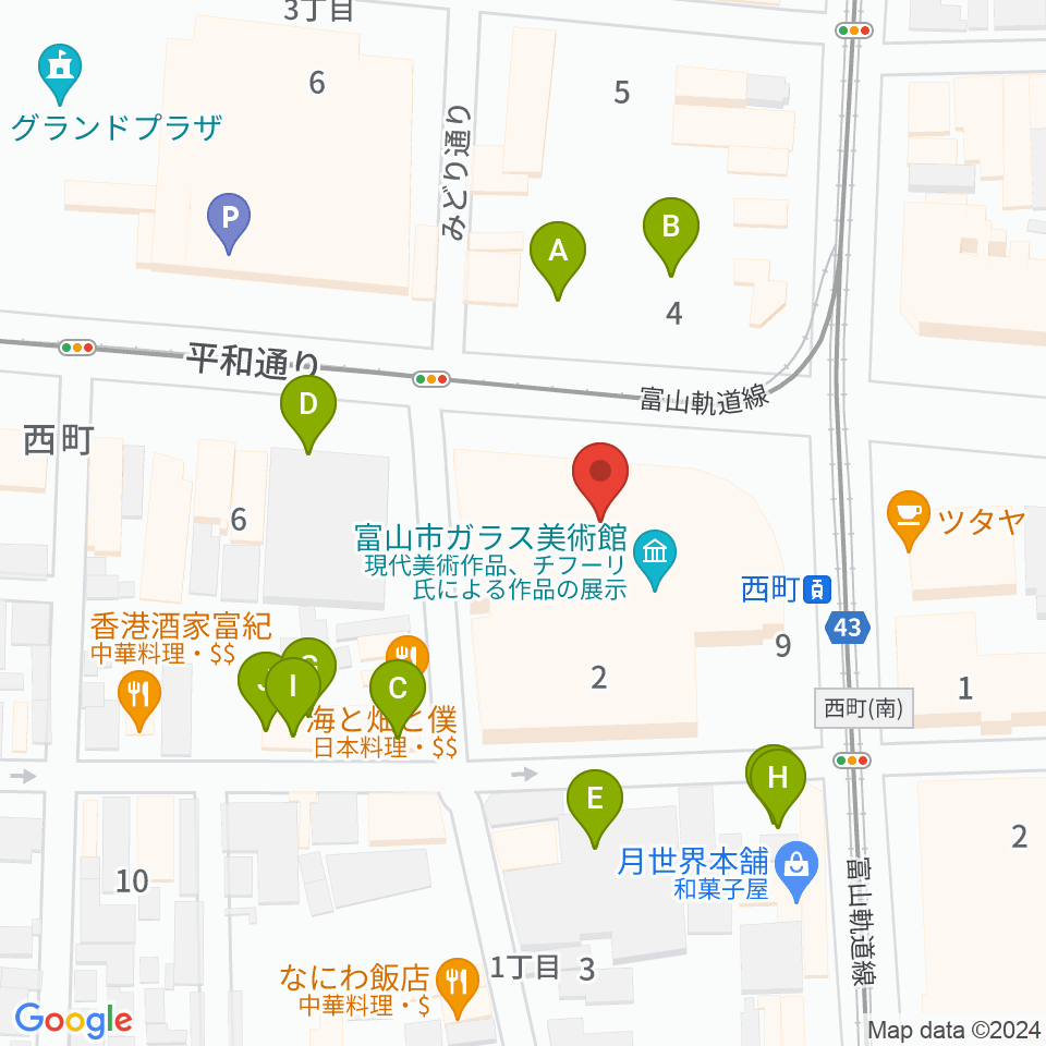 富山市ガラス美術館周辺の駐車場・コインパーキング一覧地図