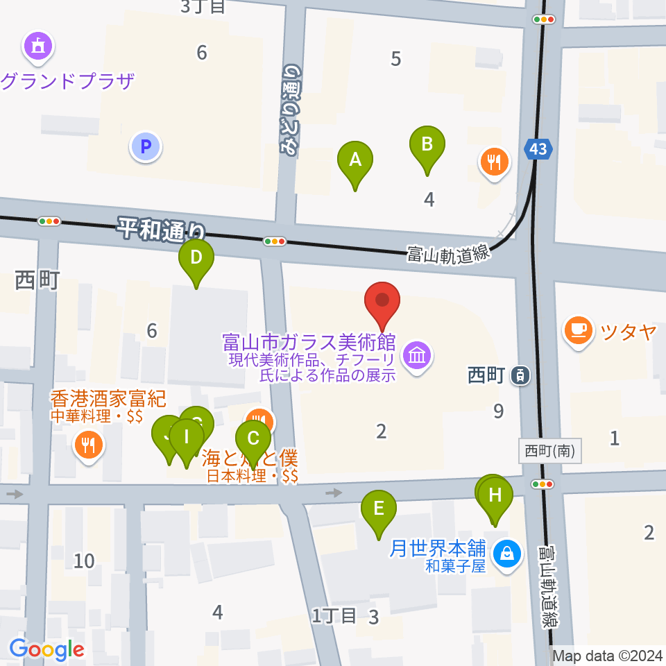 富山市ガラス美術館周辺の駐車場・コインパーキング一覧地図