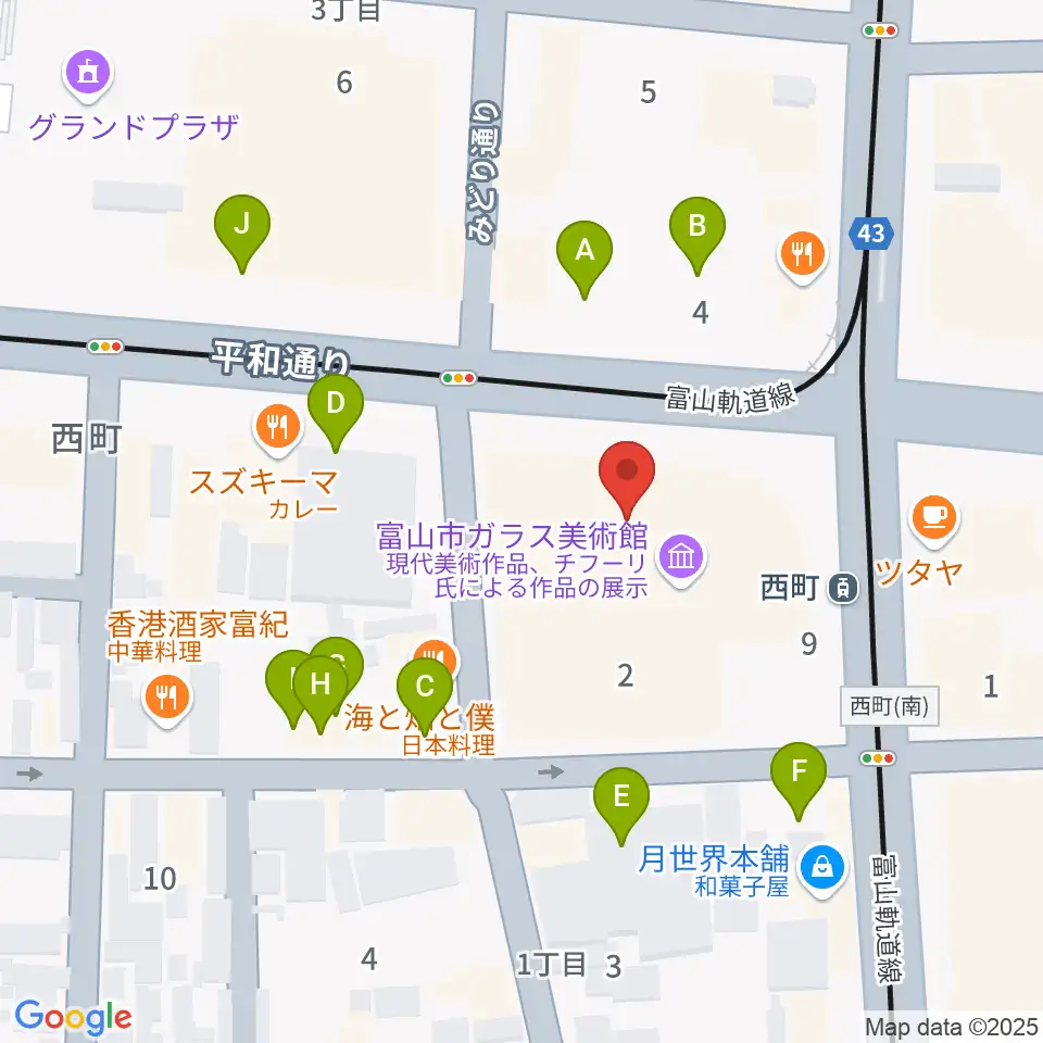 富山市ガラス美術館周辺の駐車場・コインパーキング一覧地図