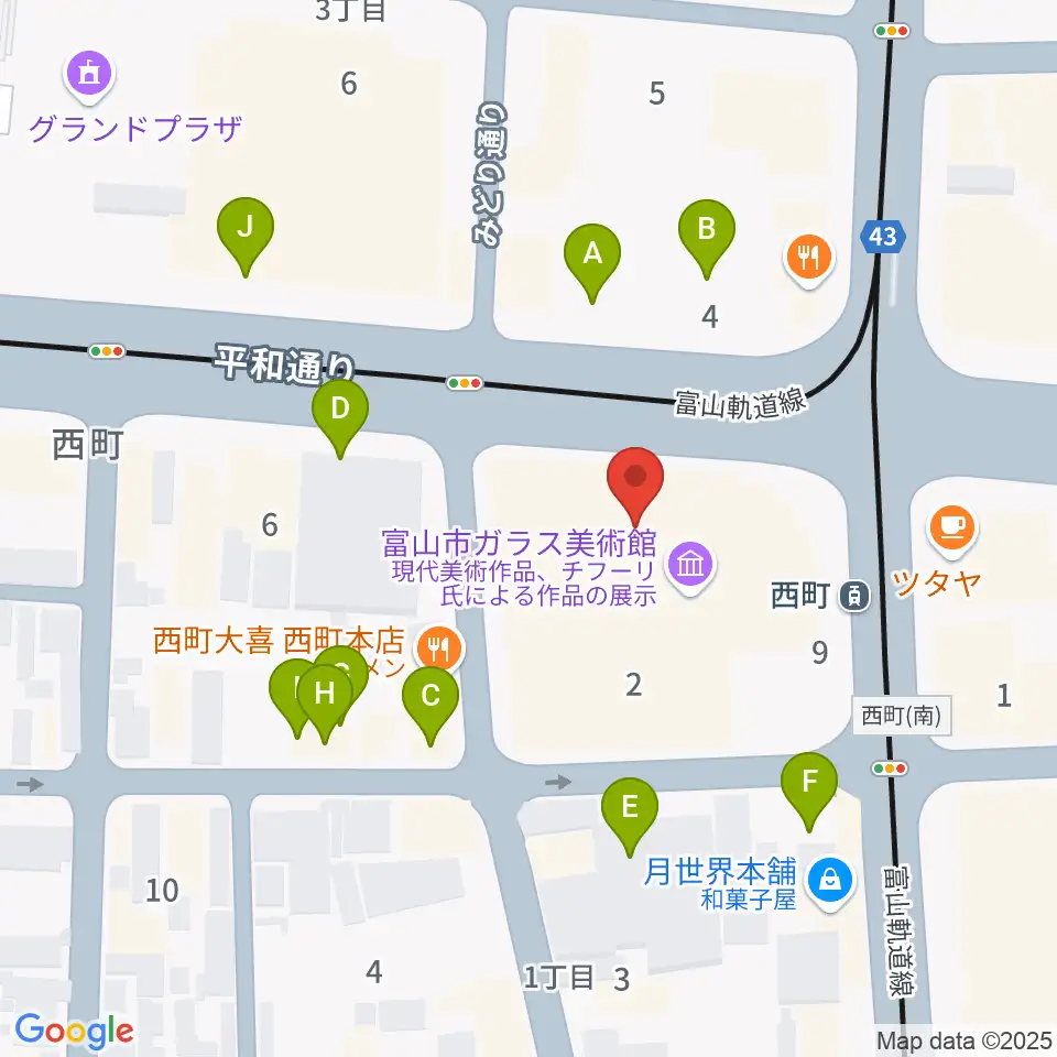 富山市ガラス美術館周辺の駐車場・コインパーキング一覧地図