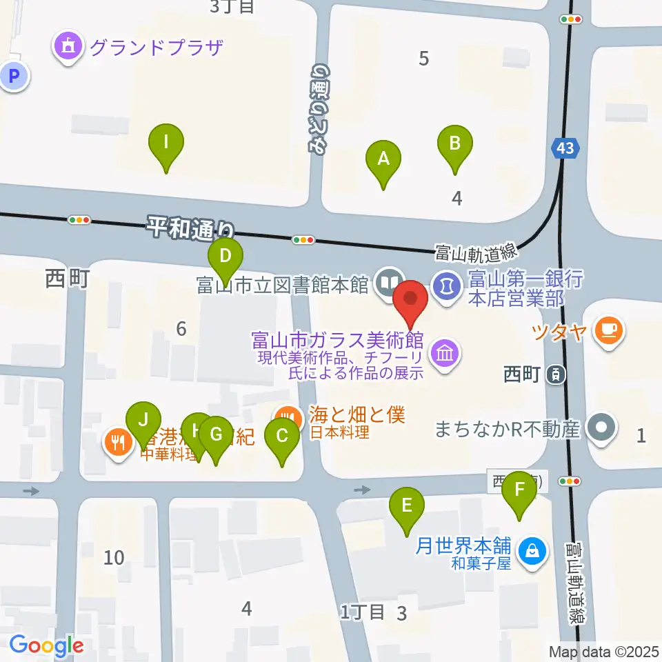 富山市ガラス美術館周辺の駐車場・コインパーキング一覧地図