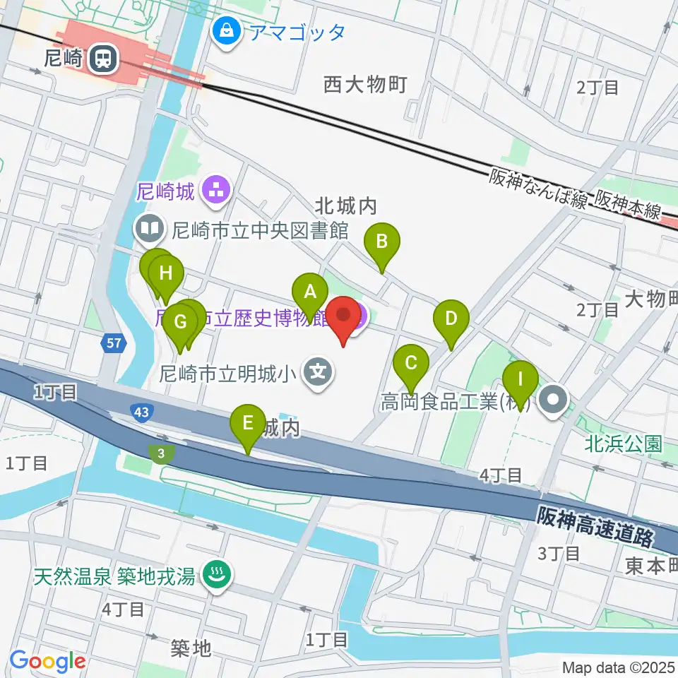 尼崎市立歴史博物館周辺の駐車場・コインパーキング一覧地図