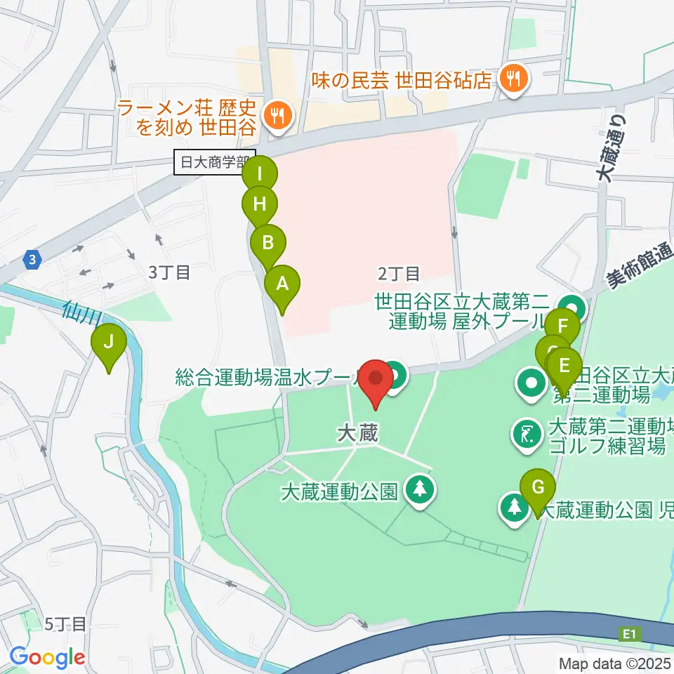 世田谷区立総合運動場温水プール周辺の駐車場・コインパーキング一覧地図