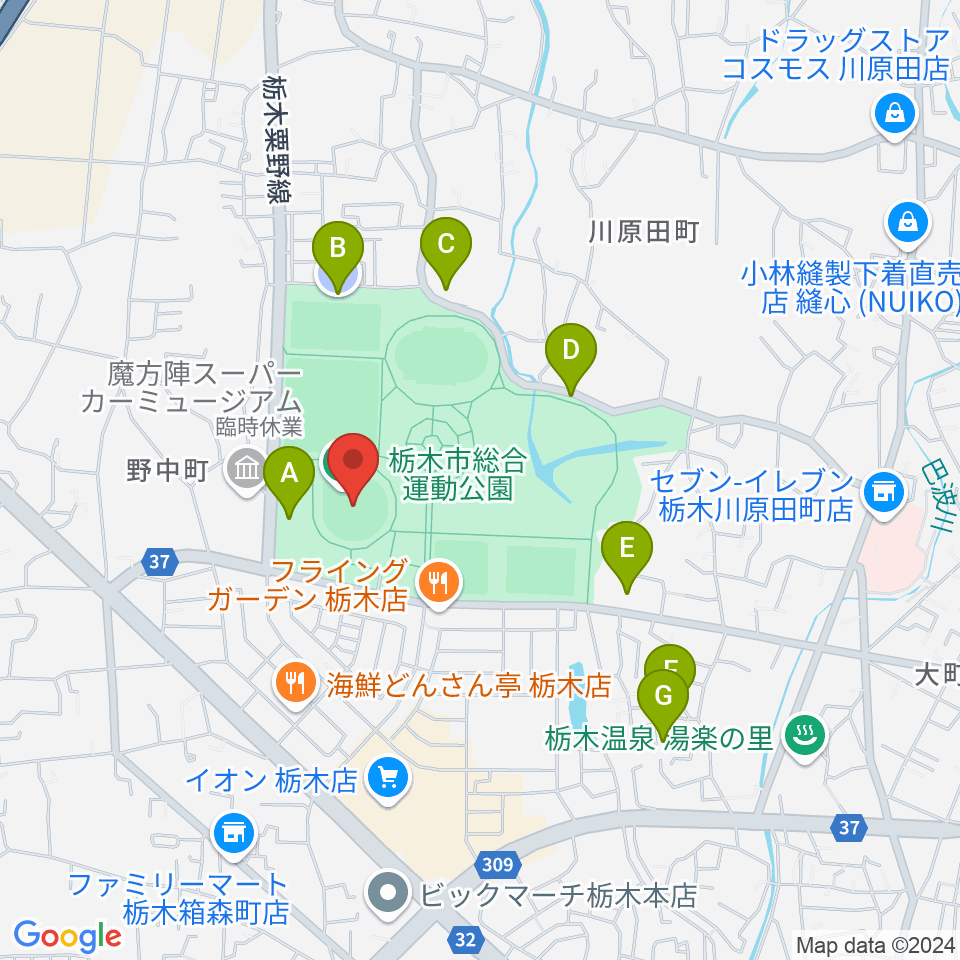 とちぎ木の花スタジアム周辺の駐車場・コインパーキング一覧地図