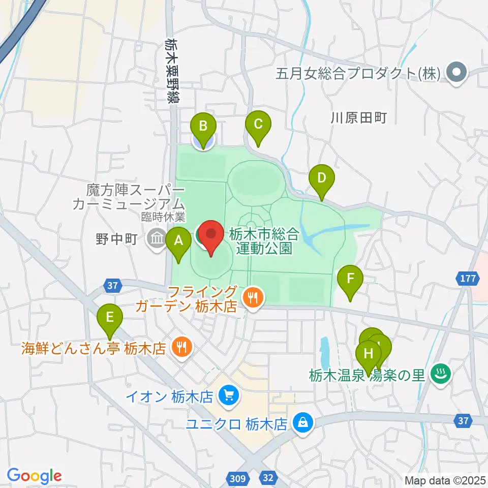 とちぎ木の花スタジアム周辺の駐車場・コインパーキング一覧地図