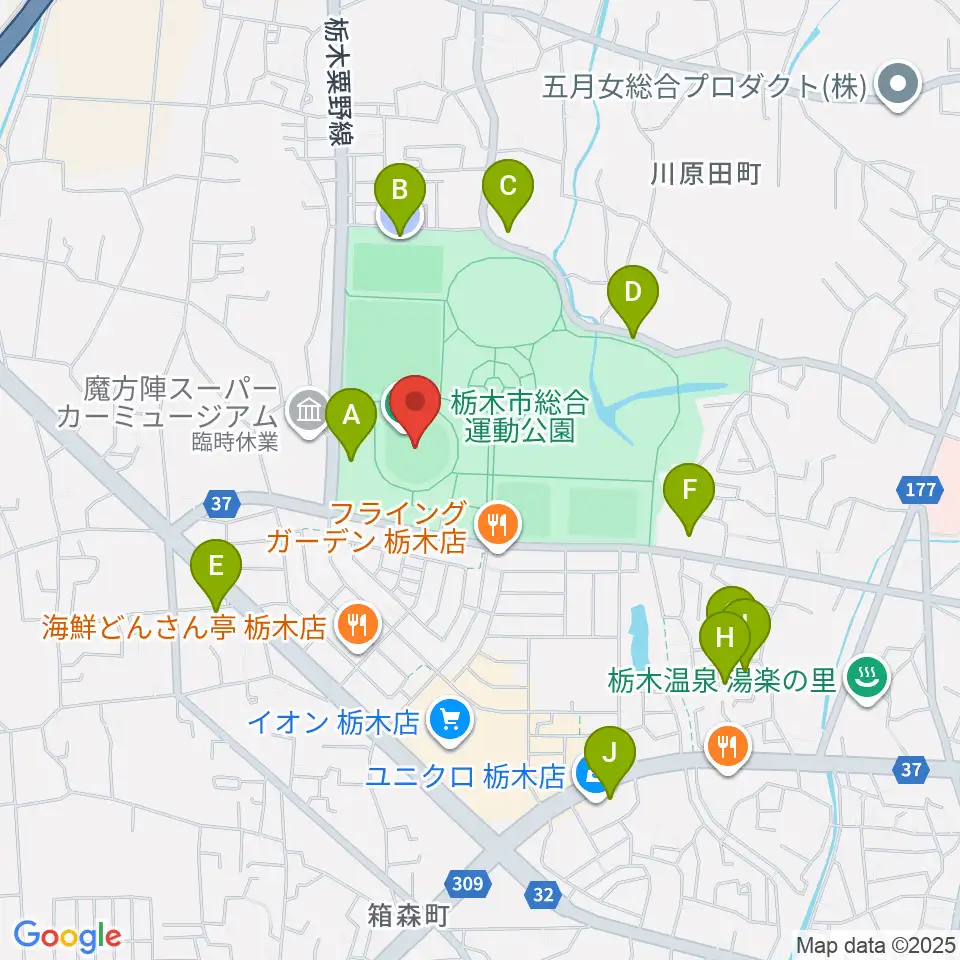 とちぎ木の花スタジアム周辺の駐車場・コインパーキング一覧地図