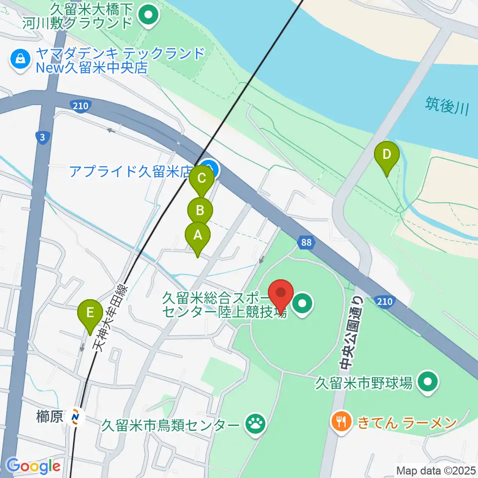 福岡県立久留米総合スポーツセンター陸上競技場周辺の駐車場・コインパーキング一覧地図