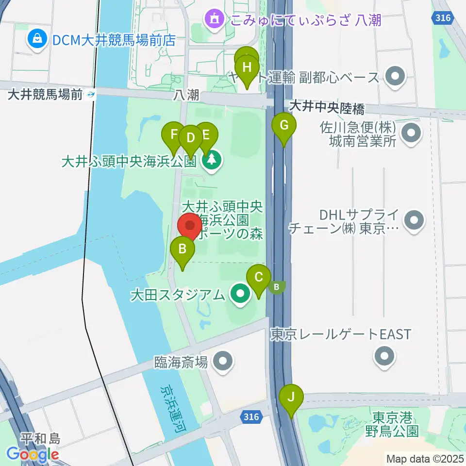 大井ふ頭中央海浜公園野球場周辺の駐車場・コインパーキング一覧地図