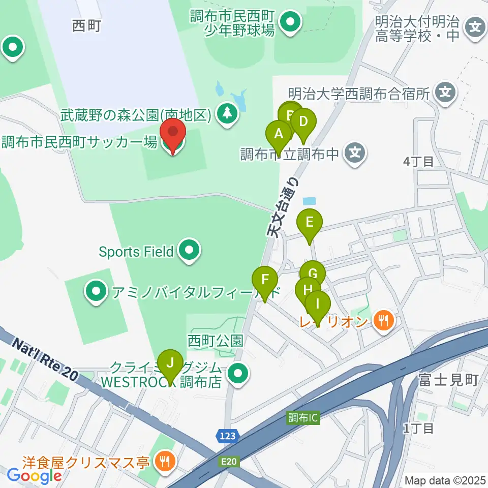 調布市民西町サッカー場周辺の駐車場・コインパーキング一覧地図