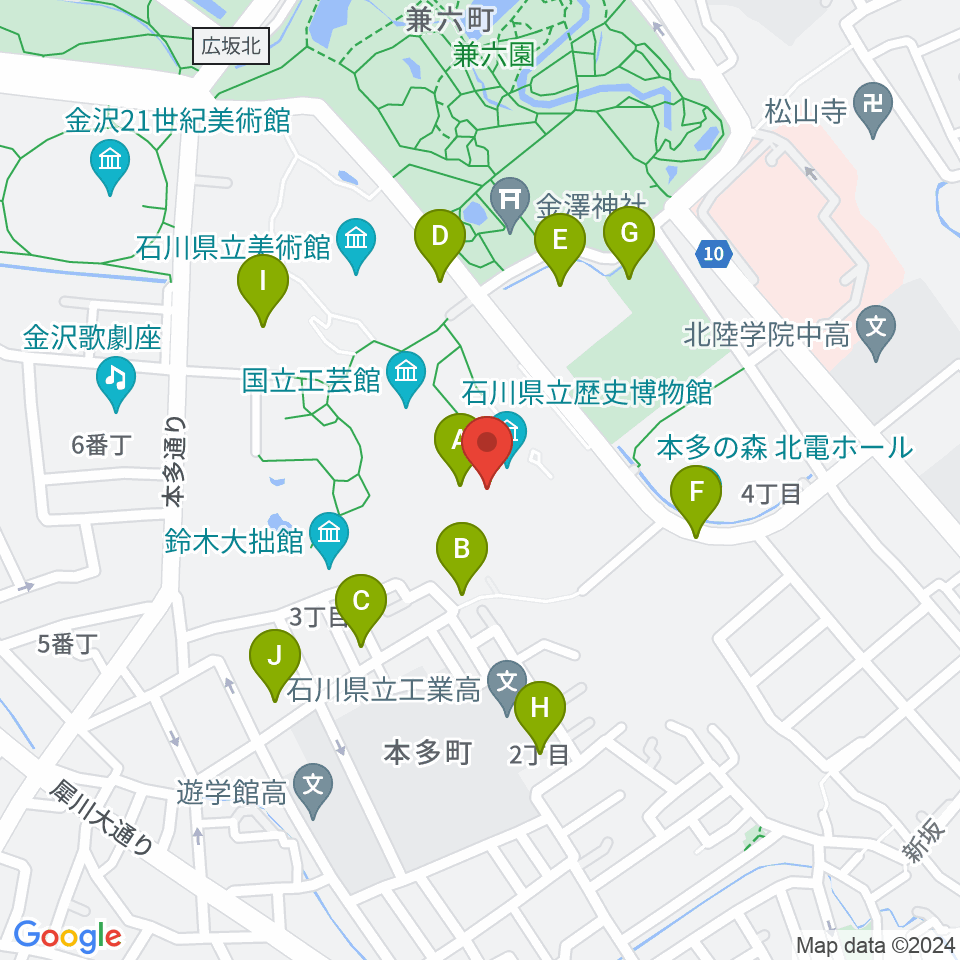 加賀本多博物館周辺の駐車場・コインパーキング一覧地図