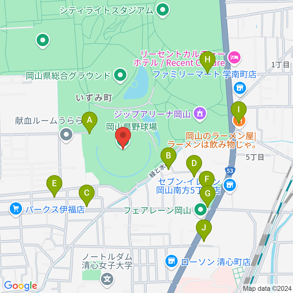 岡山県野球場周辺の駐車場・コインパーキング一覧地図