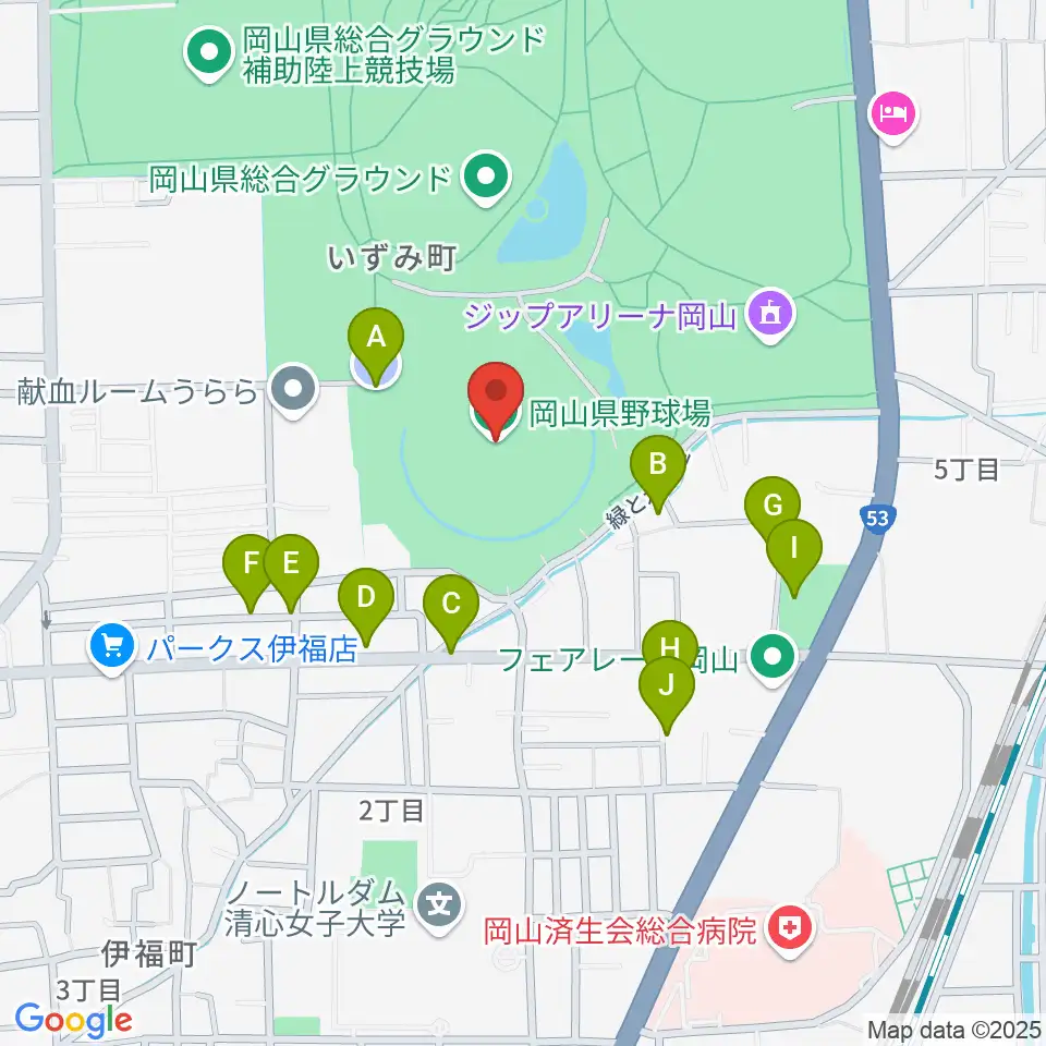 岡山県野球場周辺の駐車場・コインパーキング一覧地図
