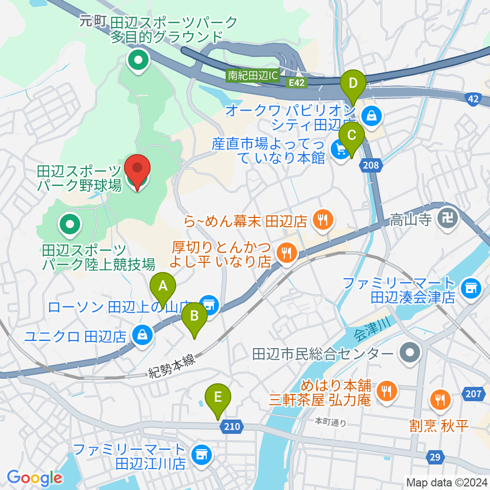 田辺スポーツパーク野球場周辺の駐車場・コインパーキング一覧地図