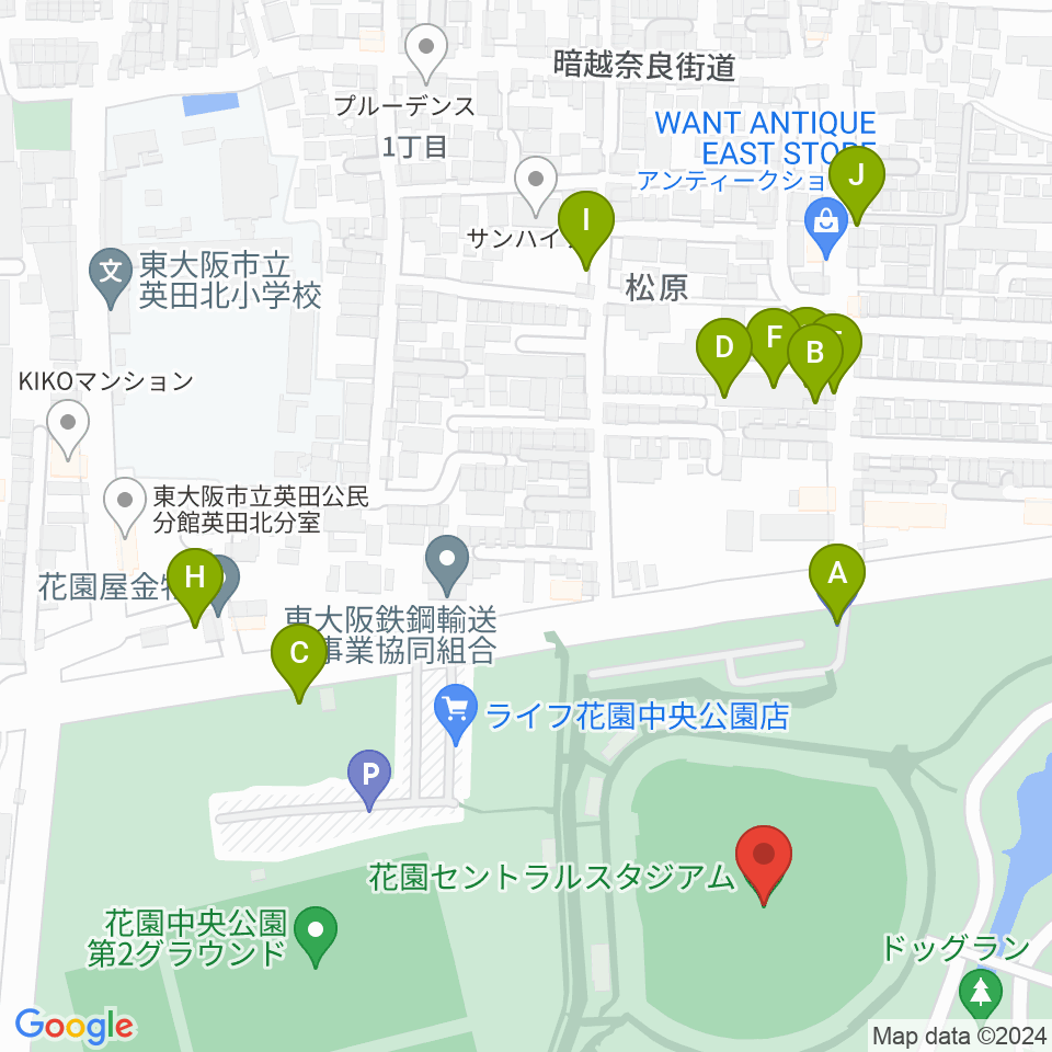 花園セントラルスタジアム周辺の駐車場・コインパーキング一覧地図