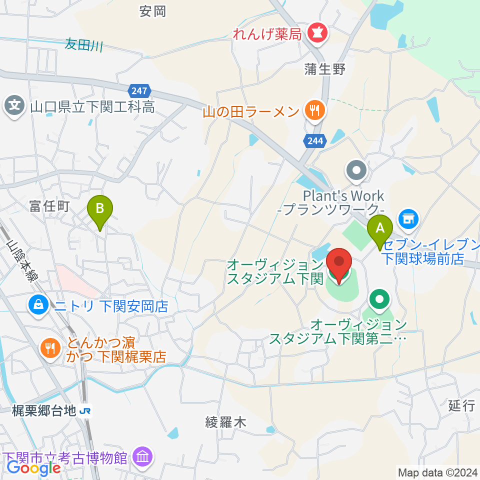 オーヴィジョンスタジアム下関周辺の駐車場・コインパーキング一覧地図