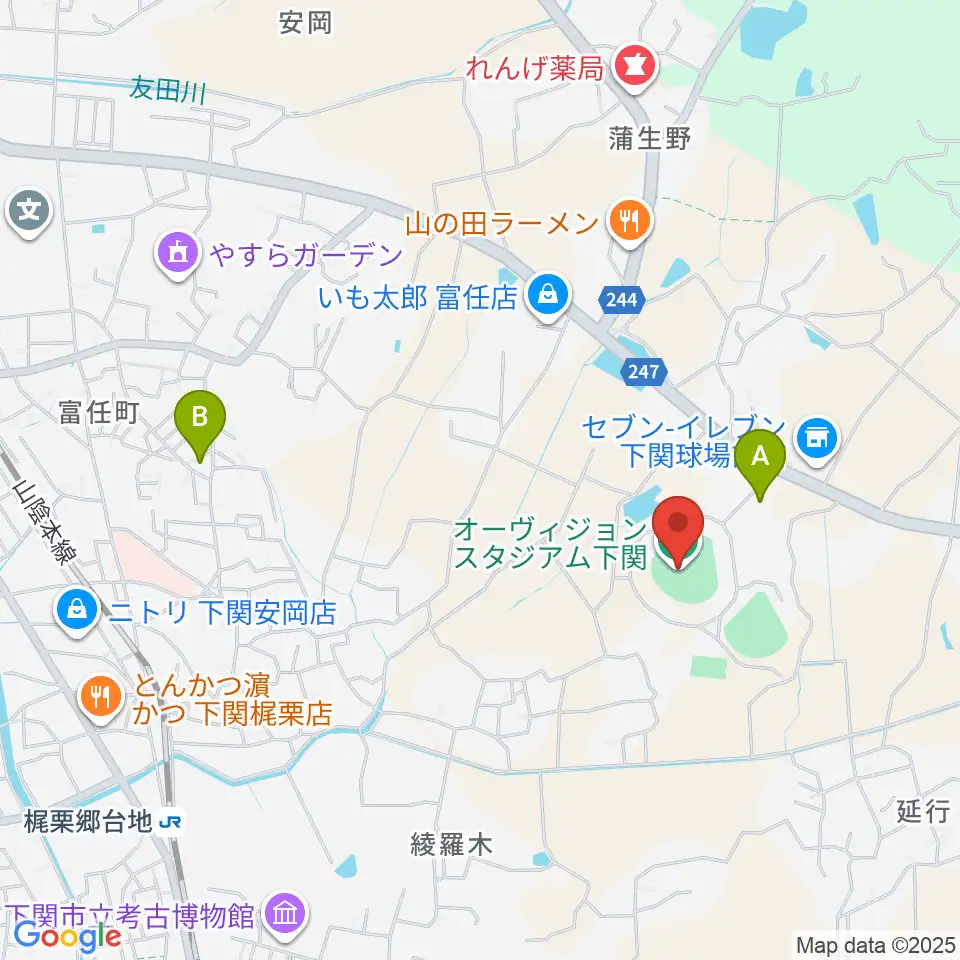 オーヴィジョンスタジアム下関周辺の駐車場・コインパーキング一覧地図