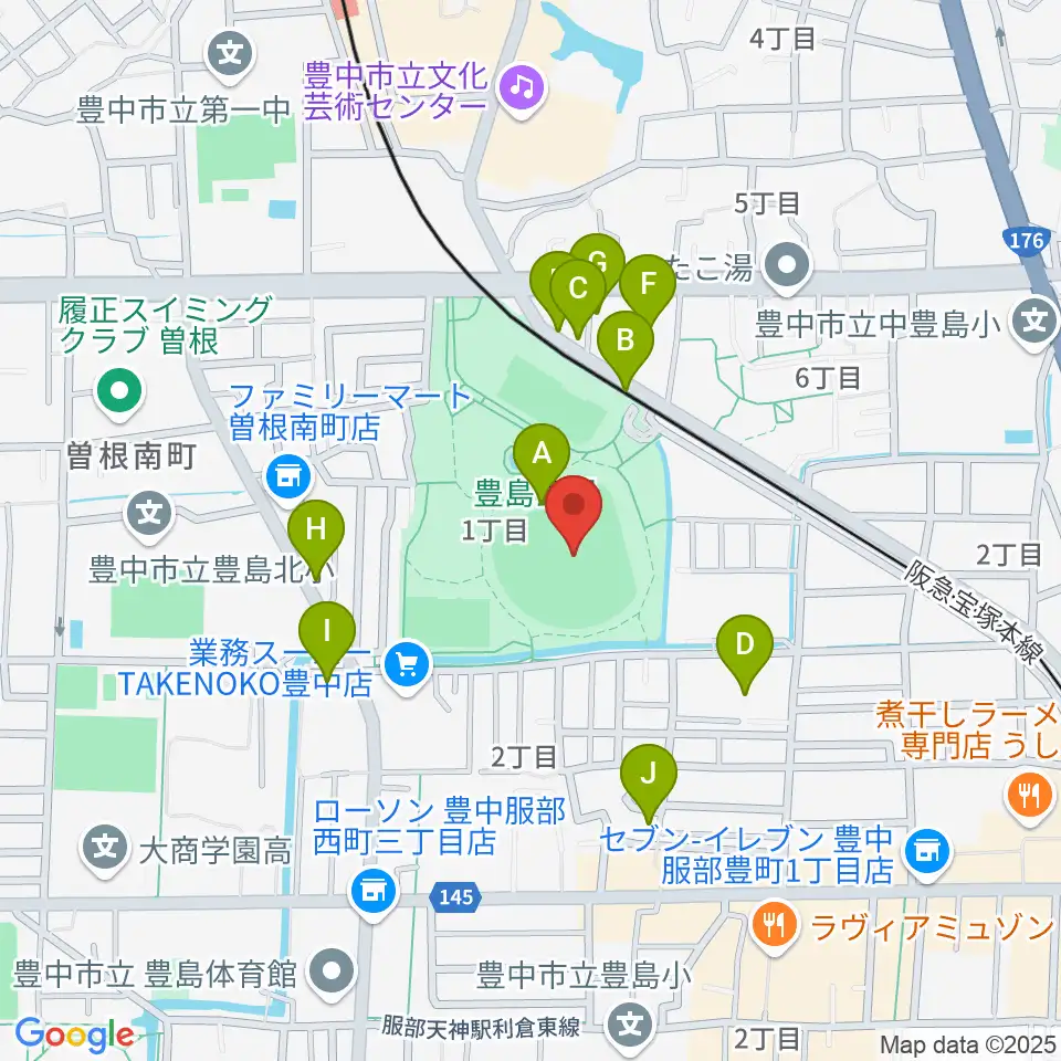 豊中ローズ球場周辺の駐車場・コインパーキング一覧地図