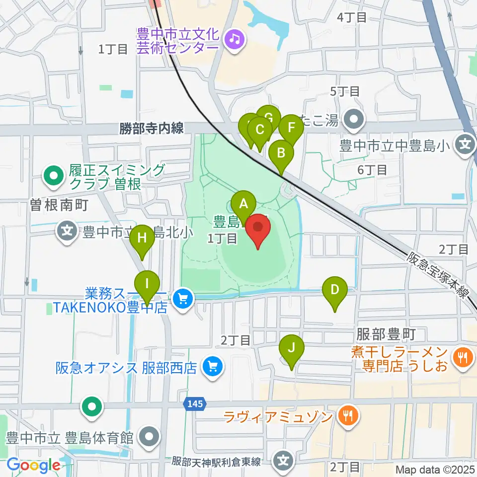 豊中ローズ球場周辺の駐車場・コインパーキング一覧地図