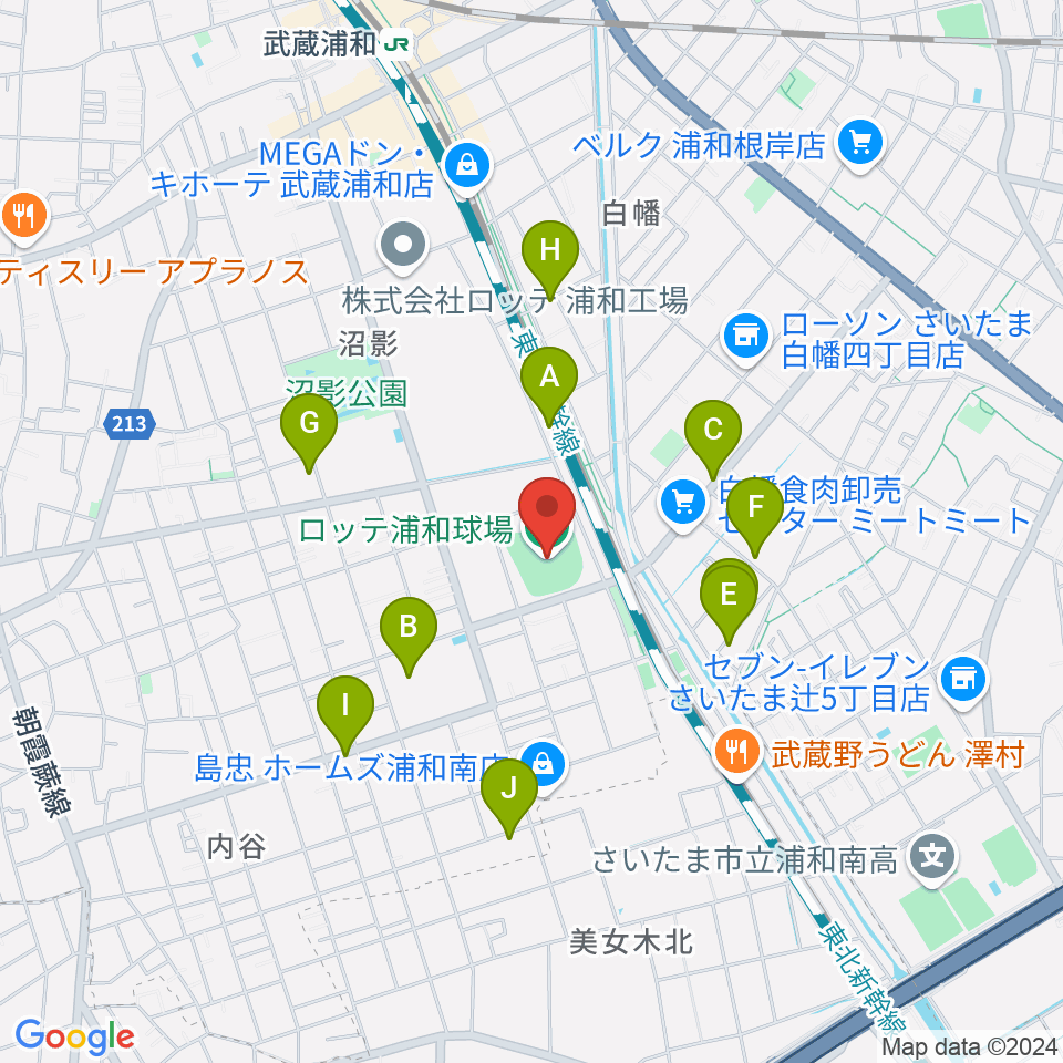 ロッテ浦和球場周辺の駐車場・コインパーキング一覧地図