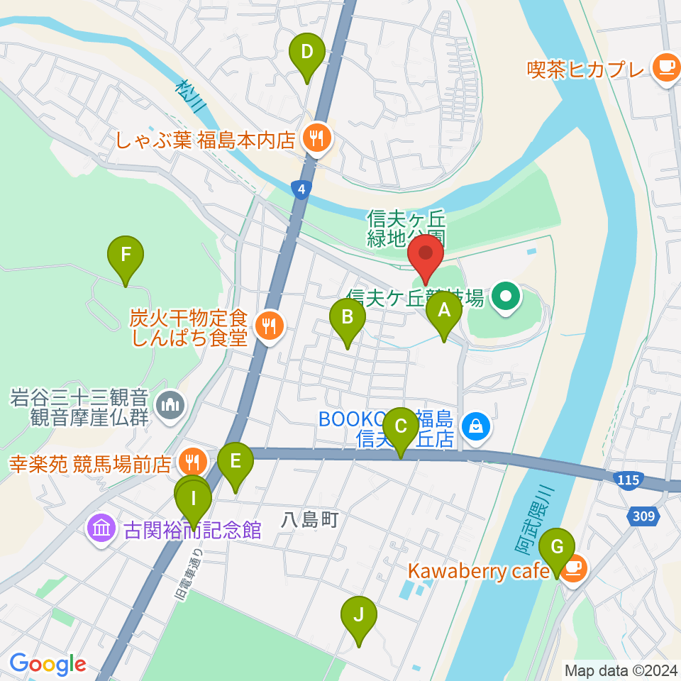 福島市信夫ヶ丘球場周辺の駐車場・コインパーキング一覧地図