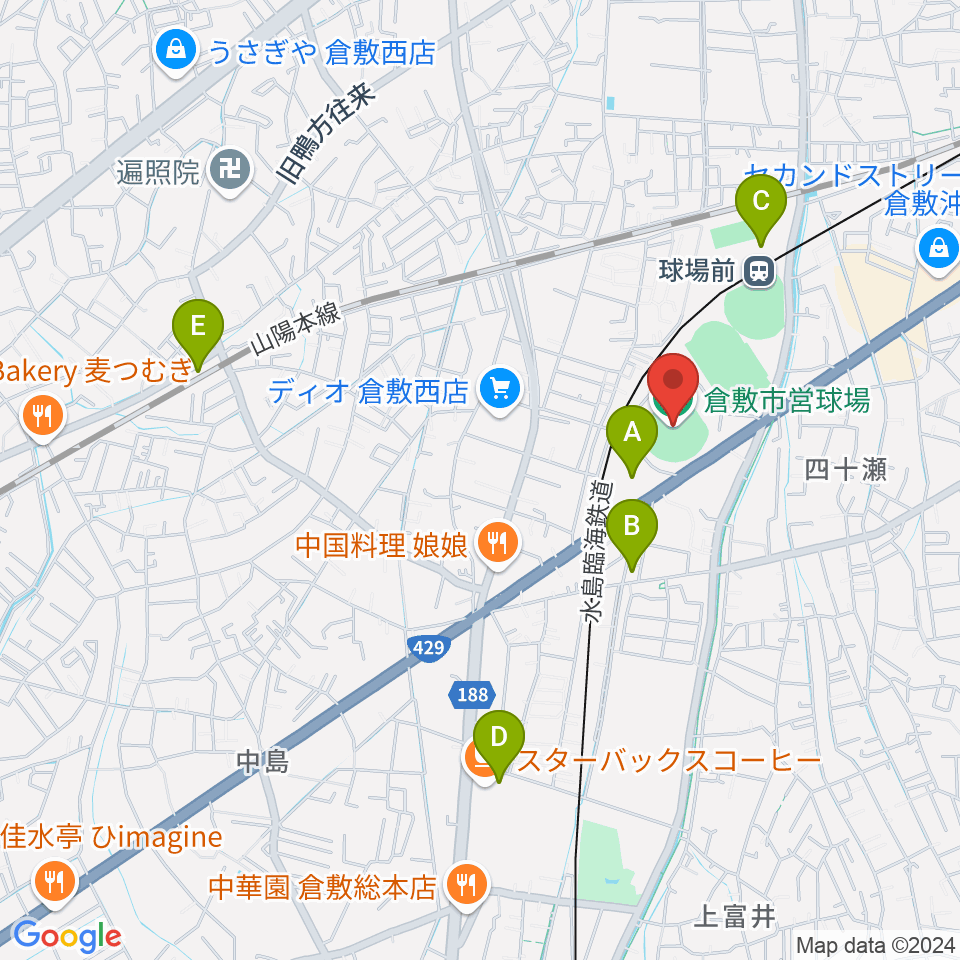 倉敷市営球場周辺の駐車場・コインパーキング一覧地図