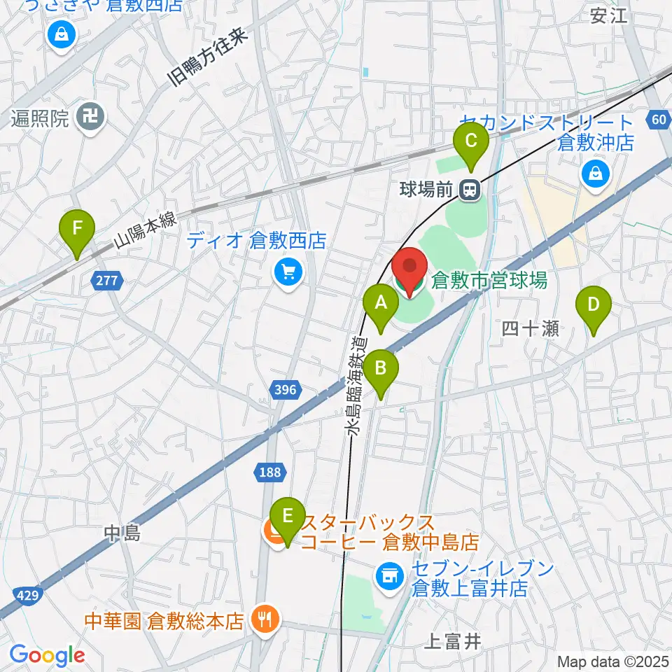 倉敷市営球場周辺の駐車場・コインパーキング一覧地図