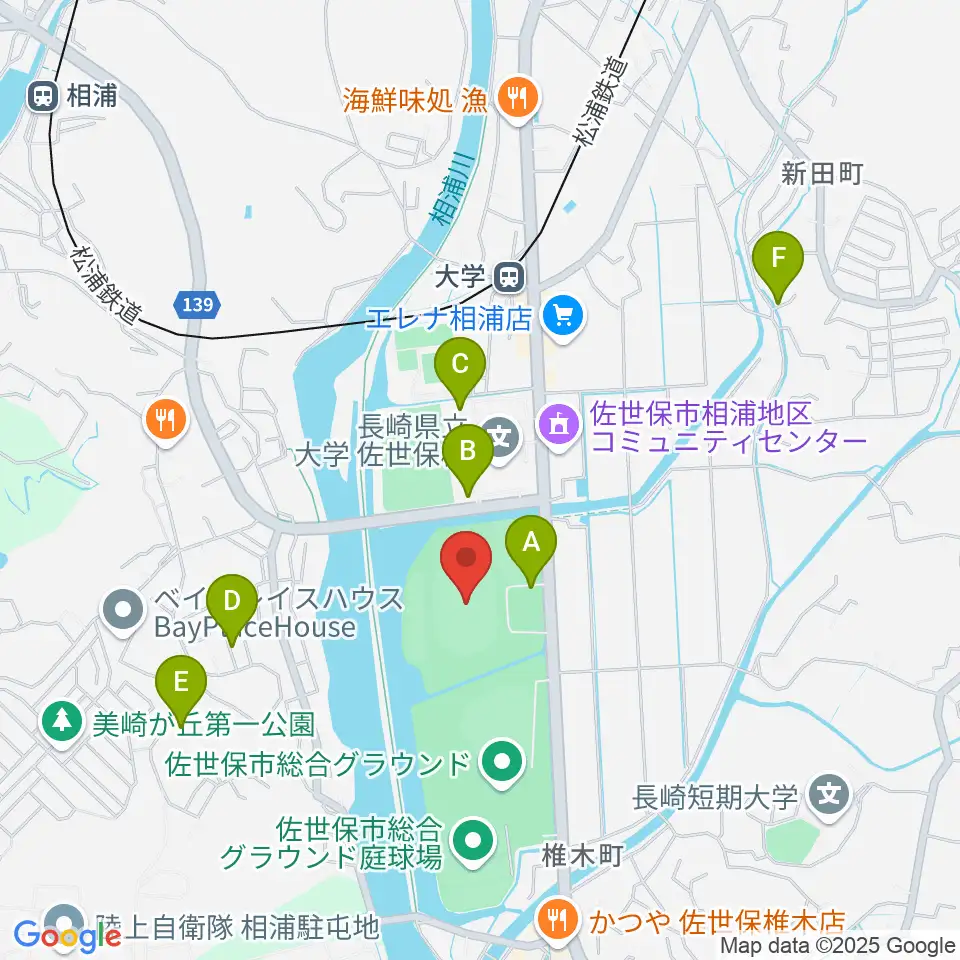 佐世保市総合グラウンド陸上競技場周辺の駐車場・コインパーキング一覧地図