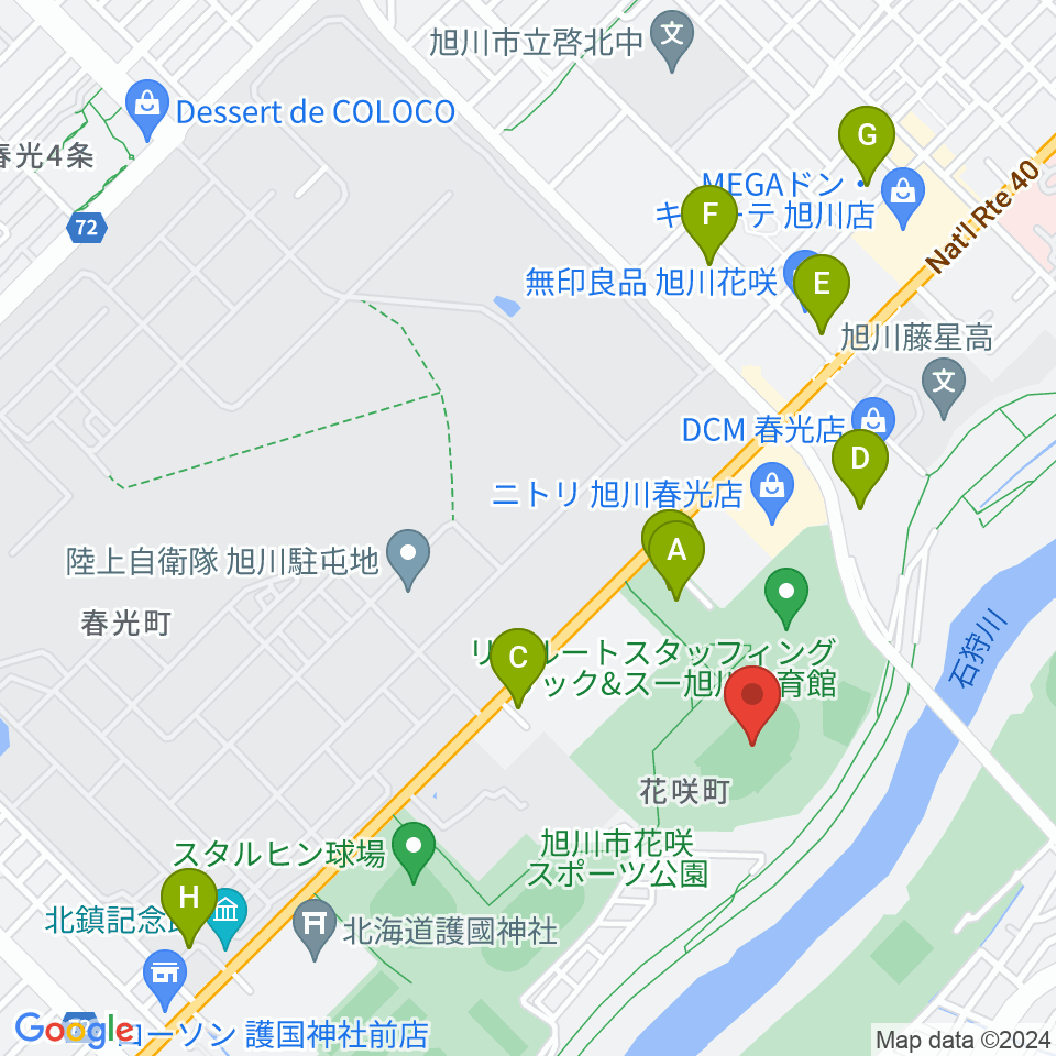 旭川市花咲スポーツ公園陸上競技場周辺の駐車場・コインパーキング一覧地図